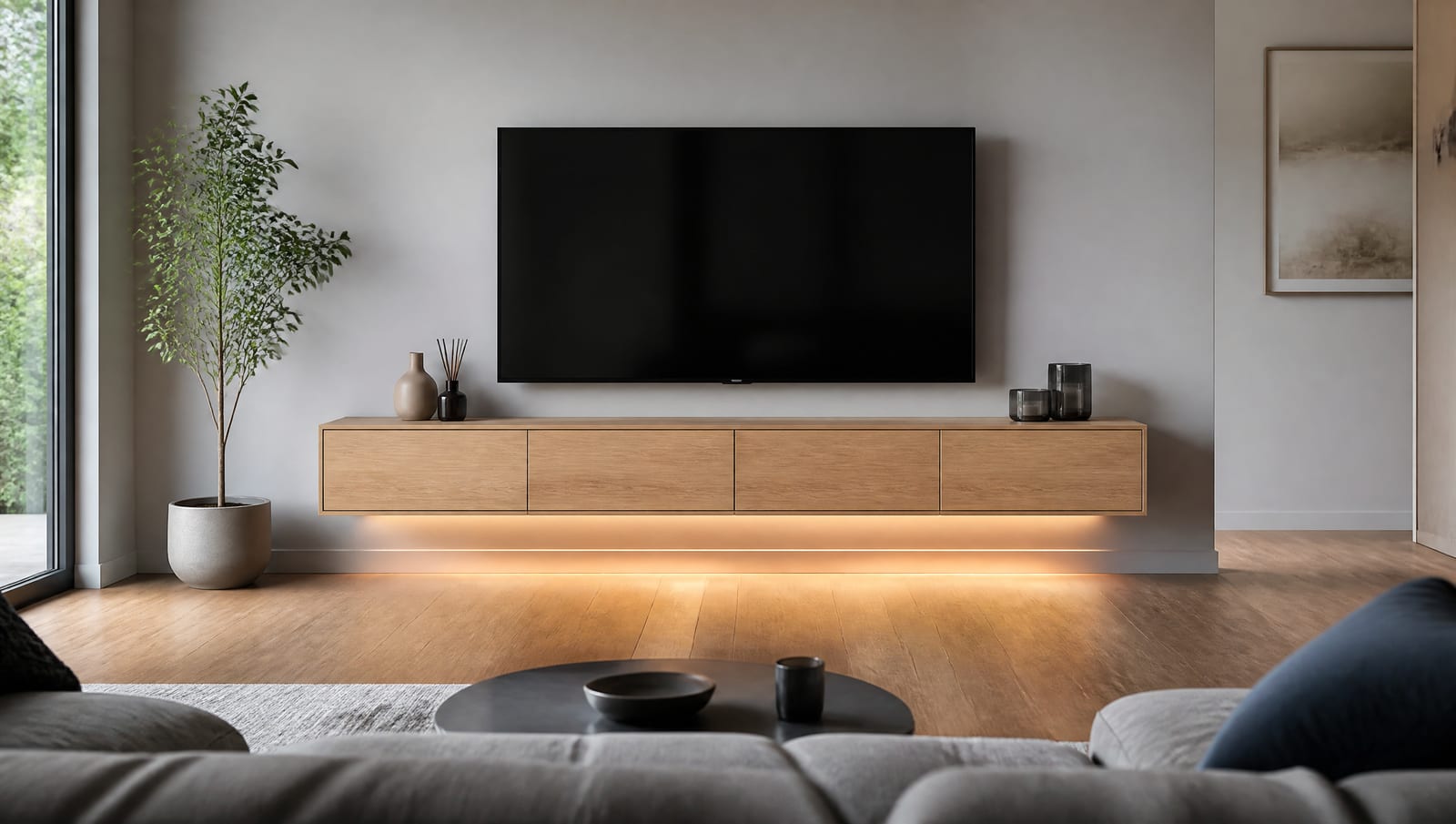 Meuble TV suspendu en chêne clair avec éclairage indirect dans un salon contemporain