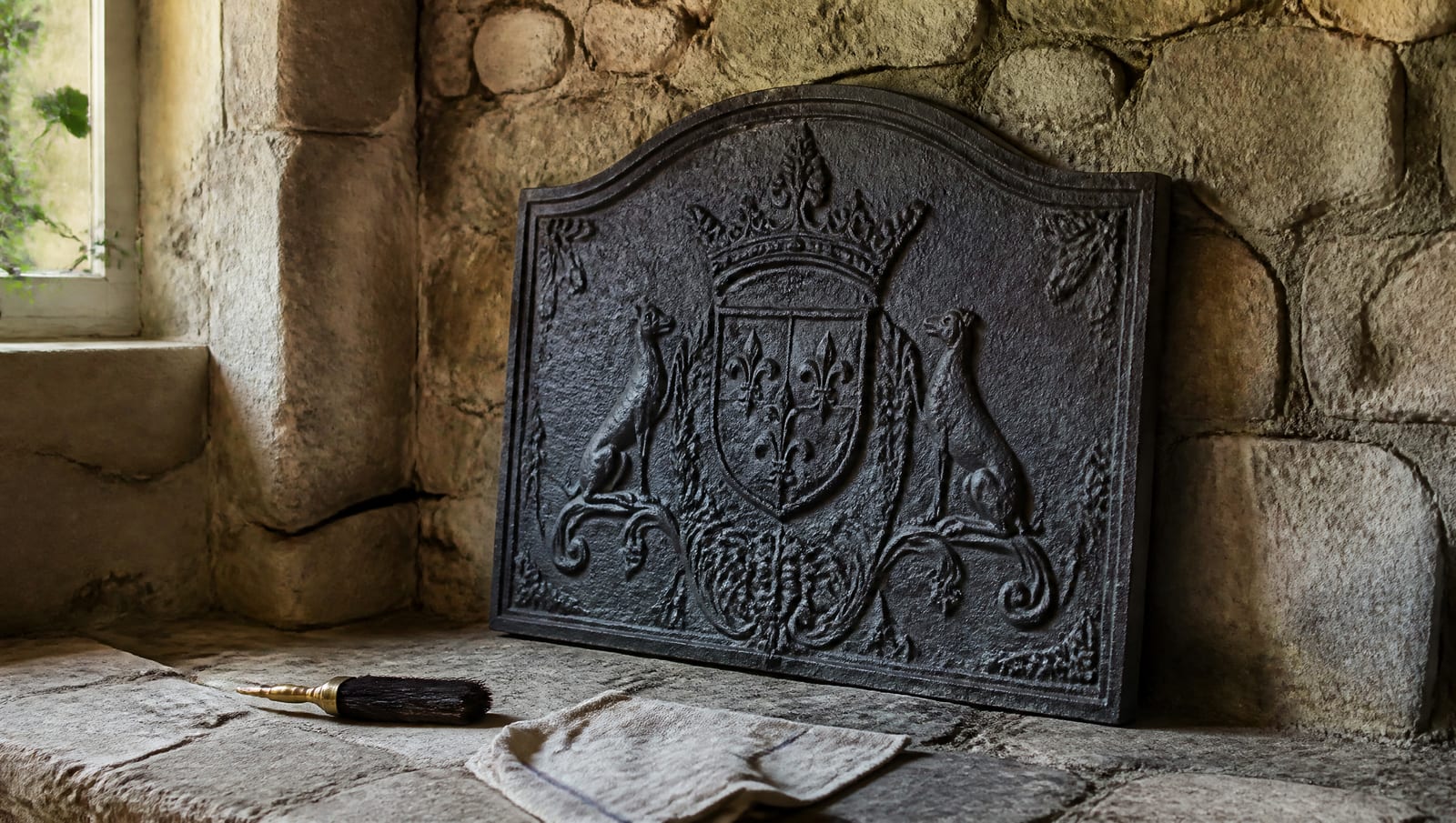 Plaque de cheminée en fonte ancienne à décor armorié, posée devant un mur de pierre Plaque de cheminée en fonte ancienne à décor armorié, posée devant un mur de pierre