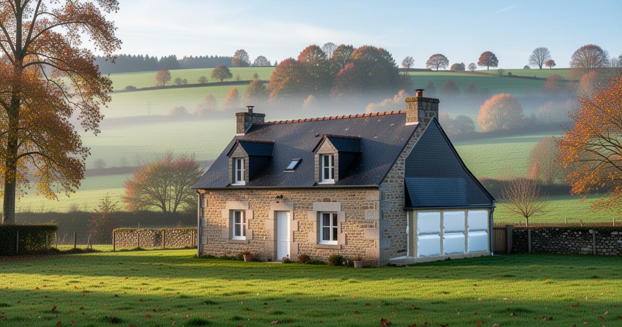 Maison en pierre entourée de prairies, illustration du confort thermique en Normandie