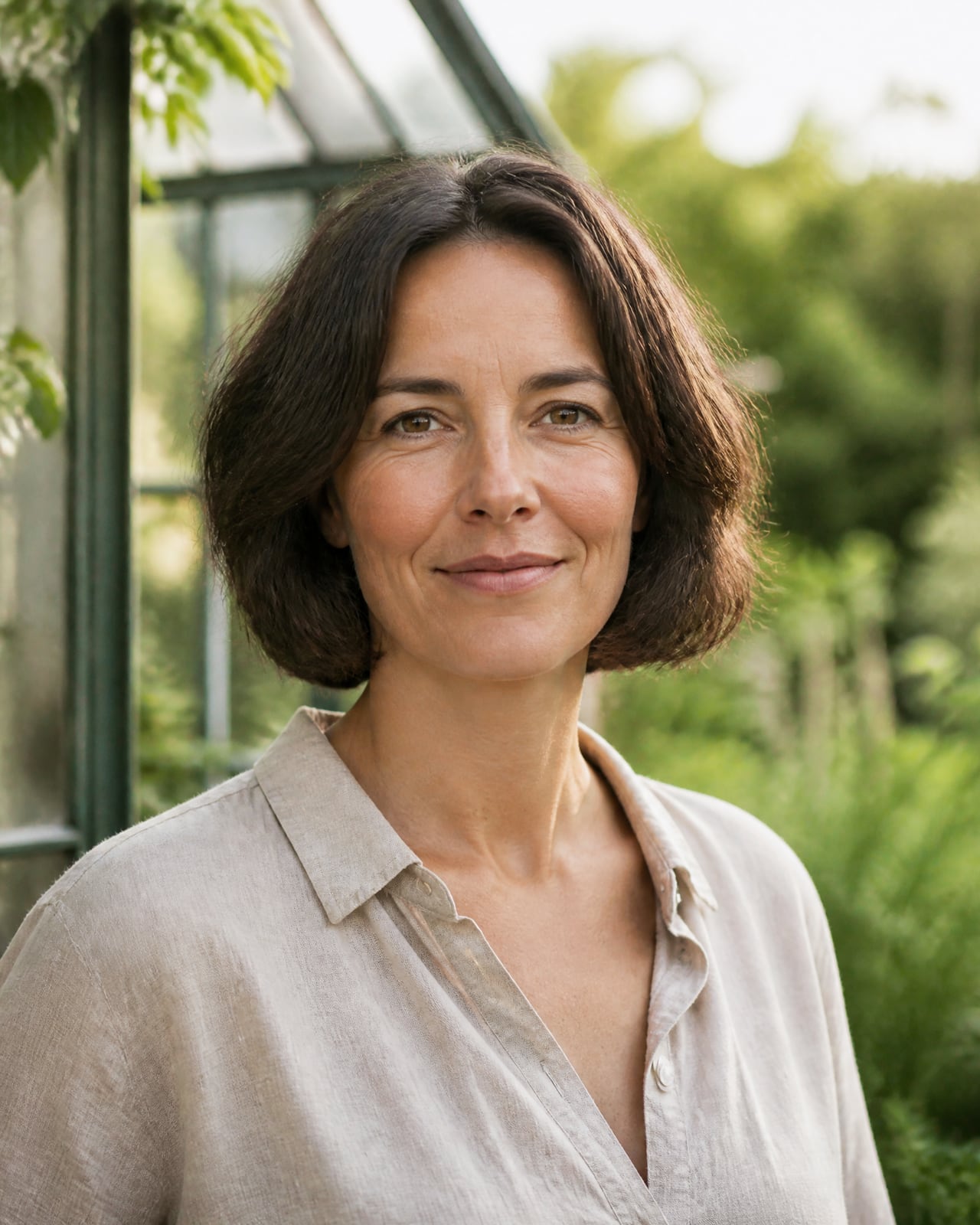 Portrait de Camille, rédactrice d'Ehrengarth, devant une serre de jardin