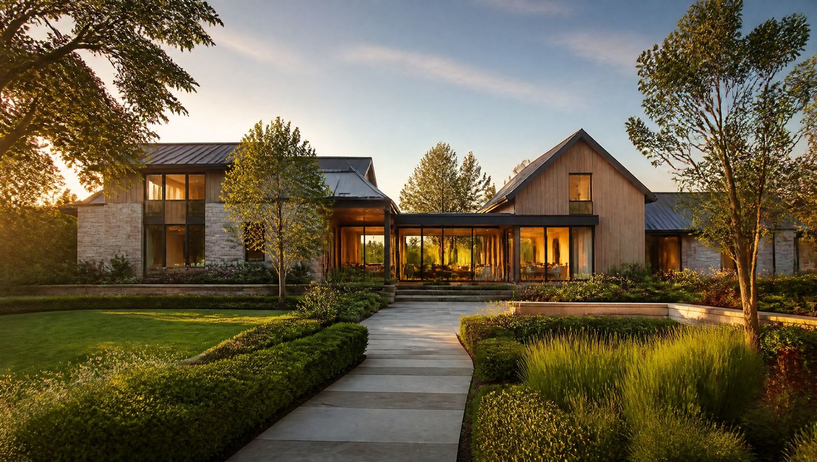 Maison contemporaine en bois et pierre à la tombée du jour, jardin paysager et allée dallée au premier plan