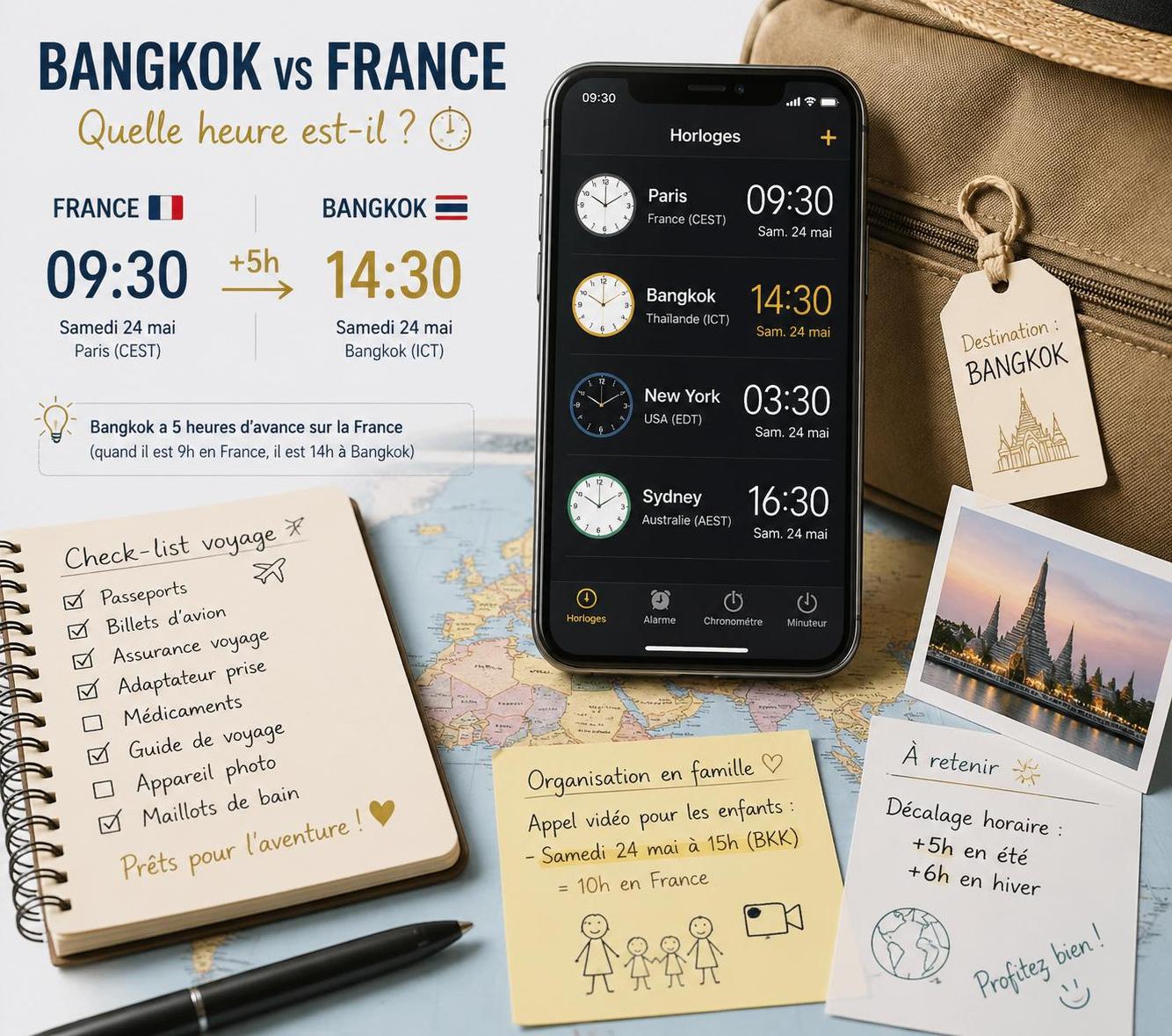 découvrez l'heure actuelle en thaïlande, le décalage horaire avec la france, et nos conseils pratiques pour appeler facilement vos contacts.
