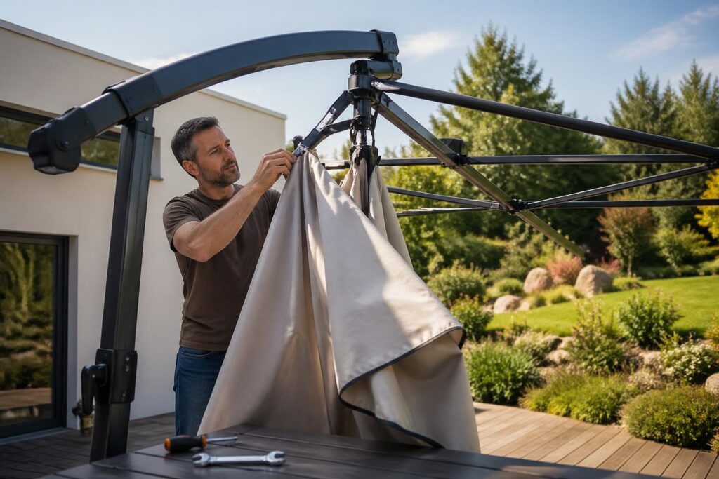 découvrez comment choisir la toile parfaite pour votre parasol déporté et apprenez à la remplacer facilement vous-même grâce à notre guide pratique et complet.